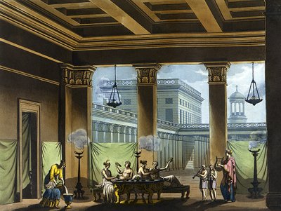 Triclinio iluminado con lámparas de aceite en la antigua Grecia: escena del banquete - en "El traje antiguo y moderno" de Jules Ferrario, ed. Milan de Giulio Ferrario