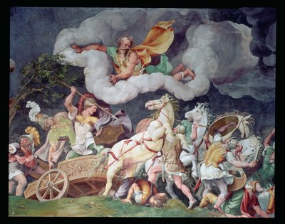 Aquiles arrastrando el cuerpo de Héctor en su carro, detalle del techo de la Sala di Troia, c.1538 de Giulio Romano