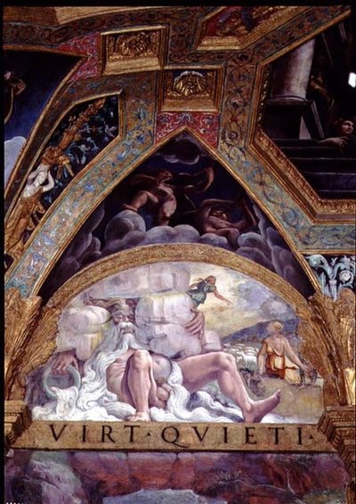 Figura antropomórfica de un río como un anciano con una barba blanca fluida, en el fondo Psique comprometida en su prueba impuesta por Venus de robar lana de un vellón de oveja, luneta y pechina de la Sala di Amore e Psiche de Giulio Romano