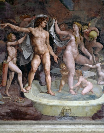 Baño de Marte y Venus, fresco de Giulio Romano (1499-1546), pared norte de la Cámara de Cupido y Psique, Palazzo Te, Mantua (Lista del Patrimonio Mundial de la UNESCO, 2008), Lombardía, Italia de Giulio Romano