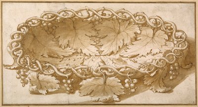 Diseño para un frutero ovalado, con zarcillos de vid, hojas y uvas de Giulio Romano