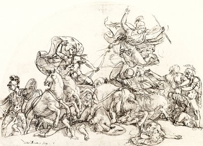 Diomedes, herido por Pándaro, es consolado por Palas Atenea de Giulio Romano