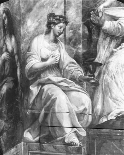 Fe, una de las dos figuras alegóricas que rodean al Papa Silvestre I (314-35) Estancias de Rafael (detalle) de Giulio Romano