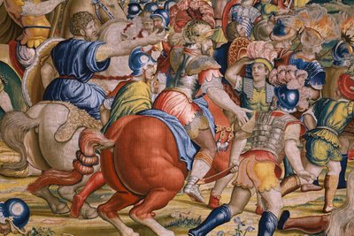 Tapiz flamenco. Serie Las Actas de Escipión: La batalla de Zama. Dibujante Giulio Romano. Atelier de Balthasar van Vlierden (?), Bruselas. 1523-1532. Detalle. de Giulio Romano