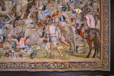 Tapiz flamenco. Serie Las Actas de Escipión: La batalla de Zama. Dibujante Giulio Romano. Atelier de Balthasar van Vlierden (?), Bruselas. 1523-1532. Detalle. de Giulio Romano