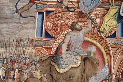 Tapiz flamenco. Serie Los Hechos de Escipión. La batalla de Zama. Dibujante Giulio Romano. Atelier de Balthasar van Vlierden (?), Bruselas. 1523-1532. Detalle. de Giulio Romano