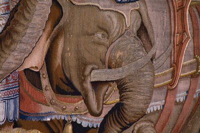 Tapiz flamenco. Serie Las Actas de Escipión: La batalla de Zama. Dibujante Giulio Romano. Atelier de Balthasar van Vlierden (?), Bruselas. 1523-1532. Detalle. de Giulio Romano