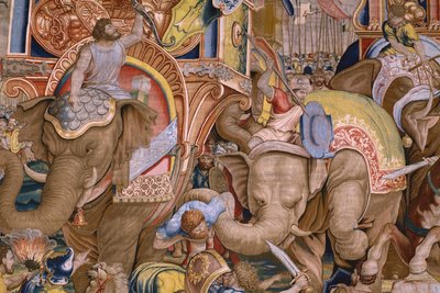 Tapiz flamenco. Serie Las Actas de Escipión: La batalla de Zama. Dibujante Giulio Romano. Atelier de Balthasar van Vlierden (?), Bruselas. 1523-1532. Detalle. de Giulio Romano