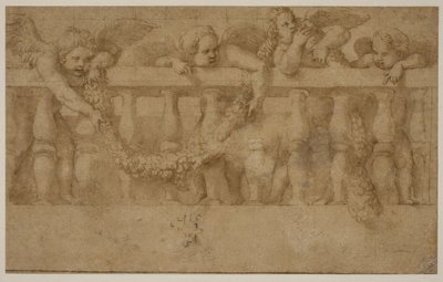 Cuatro putti alados decorando una balaustrada con guirnaldas de Giulio Romano