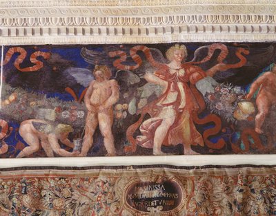 Friso de la Cámara con Friso de Amorini (detalle de un cupido orinando en una jarra) de Giulio Romano