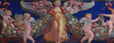 Friso de la Cámara con Friso de Amorini (detalle de un ángel con vestido dorado y alas extendidas) de Giulio Romano