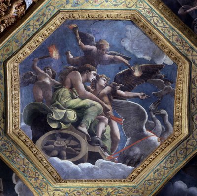 Venus furiosa nombra Psique a Cupido para castigarla. Fresco de Giulio Pippi de