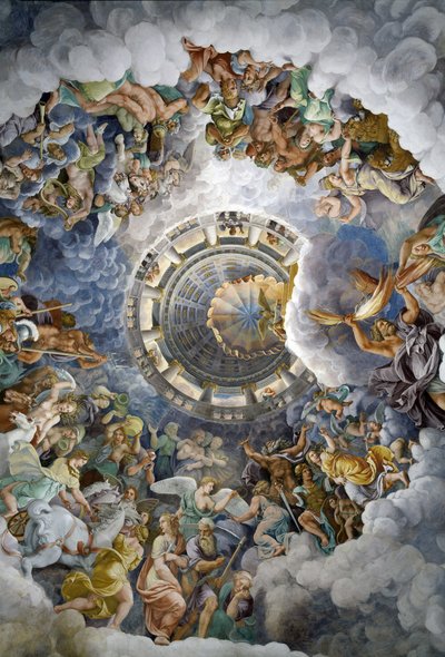 Vista general del techo de la Sala de los Gigantes, Mantua (Palacio del Te, Mantua): los Dioses del Olimpo. Fresco de Giulio Pippi de