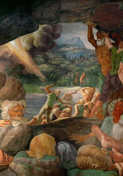 Los gigantes son sepultados por muros que se derrumban o alcanzados por un rayo (fresco) de Giulio Romano