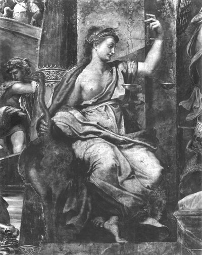 Justicia, una de las dos Virtudes que rodean al Papa San Urbano I (d.230) Estancias de Rafael (detalle) de Giulio Romano