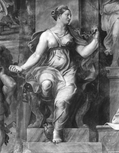 Moderación, una de las dos Virtudes que rodean al Papa Clemente I (1-97) Estancias de Rafael (detalle) de Giulio Romano