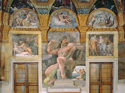 Olimpia seducida por Júpiter, Polifemo custodiando a Acis y Galatea, Pasífae entrando en la vaca construida por Dédalo, de la Sala di Amore e Psiche de Giulio Romano