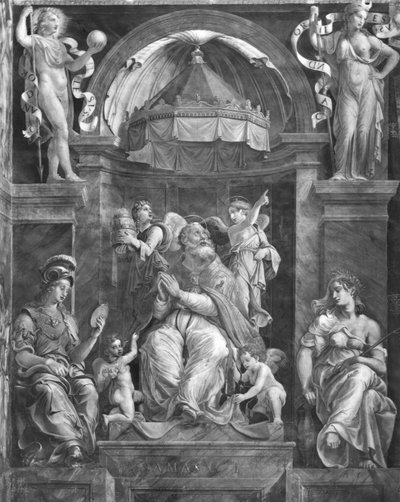 El Papa Dámaso I (c.304-384) entre Prudencia y Paz, Estancias de Rafael de Giulio Romano