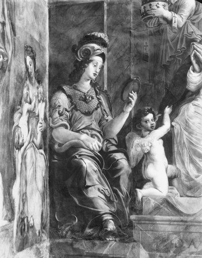 Prudencia sentada junto al Papa Dámaso I (c.304-384) Estancias de Rafael (detalle) de Giulio Romano