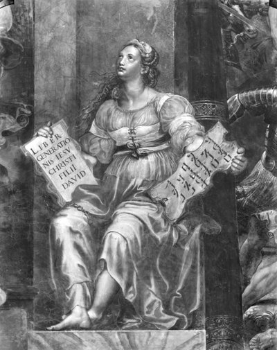 Religión, una de las dos figuras alegóricas que rodean al Papa Silvestre I (314-35) Estancias de Rafael (detalle) de Giulio Romano