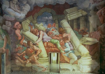 Sala dei Giganti, detalle de la destrucción de los gigantes por los rayos de Júpiter (detalle) de Giulio Romano