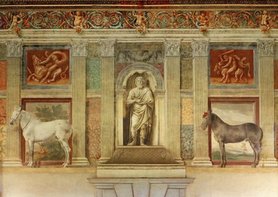 Sala grande dei cavalli, con frescos de los caballos favoritos de los Gonzaga ... (fresco) de Giulio Romano