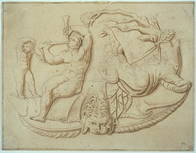 Sátiro con dos pipas y Putto y mujer bebiendo de un árbol de Giulio Romano