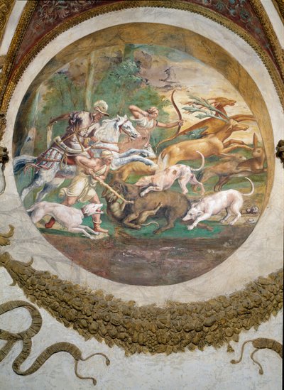 Escena que muestra que los nacidos bajo el signo de Cáncer en conjunción con la constelación de Marte serán hábiles en la caza y la pesca, simbolizado por una escena de caza, de la Cámara dei Venti de Giulio Romano