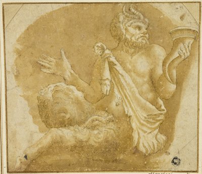 Fauno sentado sosteniendo una cornucopia (recto); Boceto de árbol y casa (verso) de Giulio Romano