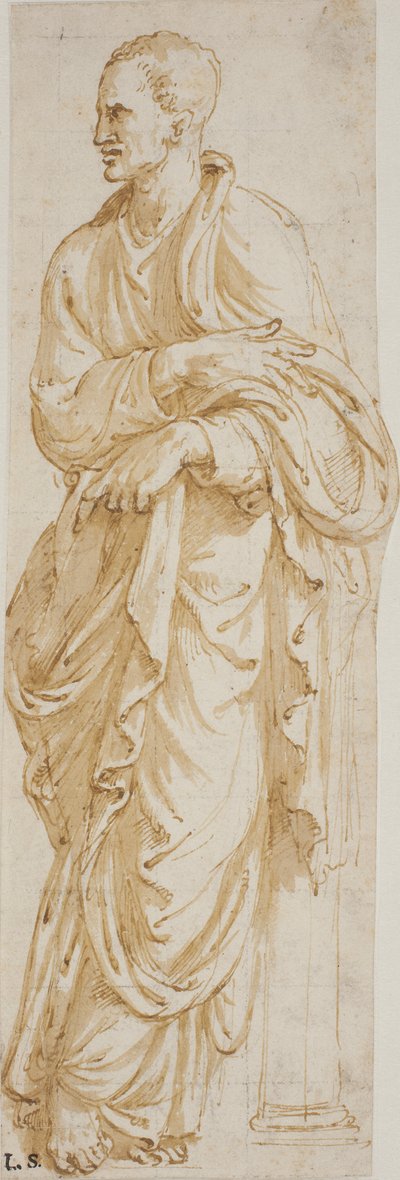 Filósofo de pie apoyado en una columna de Giulio Romano