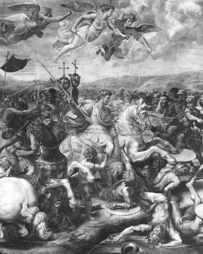 La batalla de Constantino, 312 d.C., de la Sala de Constantino, Estancias de Rafael (detalle) de Giulio Romano