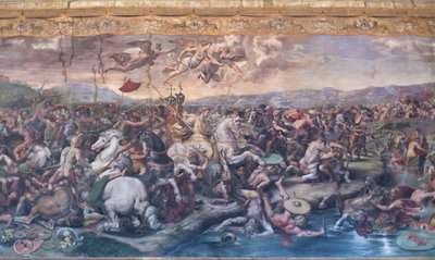 La Batalla del Puente Milvio, en la Sala de Constantino, Salas de Rafael, c.1520-24 (fresco) de Giulio Romano