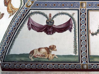 La Cámara con Friso de Amorini (detalle de un perro y un cachorro) de Giulio Romano