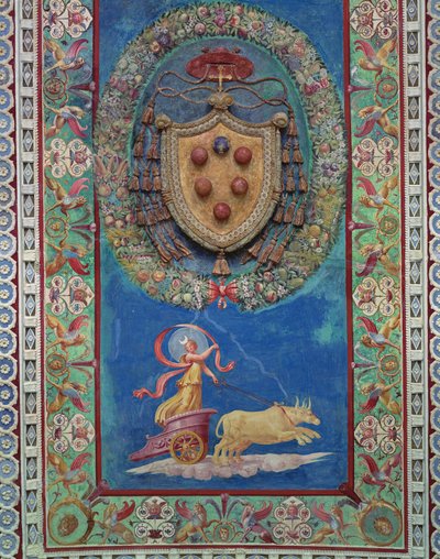 La Cámara con Friso de Amorini (detalle del área central del techo con el escudo de armas de los Medici y una alegoría de la noche) de Giulio Romano