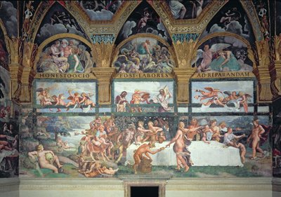 El banquete rústico celebrando el matrimonio de Cupido y Psique, con los tres lunetos arriba representando una de las pruebas de Psique para traer de vuelta del Inframundo un frasco que contiene la belleza de Proserpina de Giulio Romano
