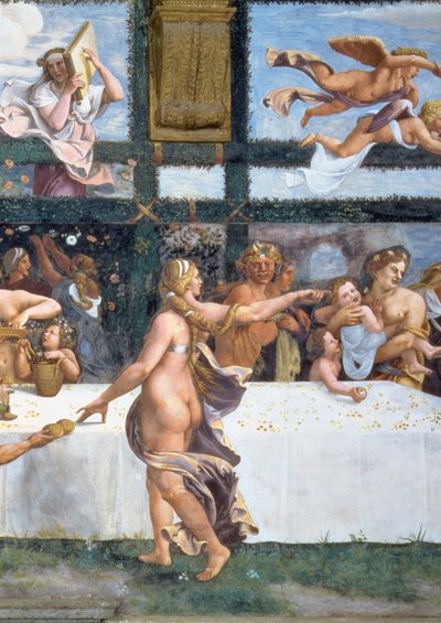 El banquete rústico celebrando el matrimonio de Cupido y Psique, con las tres lunetas arriba representando una de las pruebas de Psique para traer del Inframundo un frasco que contiene la belleza de Proserpina de Giulio Romano