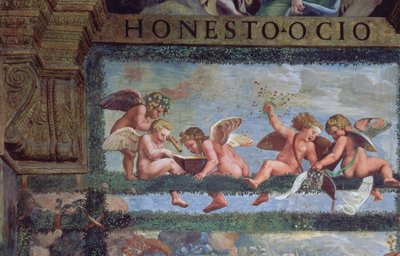 El Banquete Rústico, detalle de putti haciendo música, de la Sala de Amor y Psique (detalle) de Giulio Romano