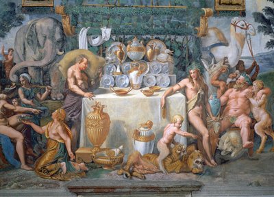 El noble banquete celebrando el matrimonio de Cupido y Psique (detalle) de Giulio Romano