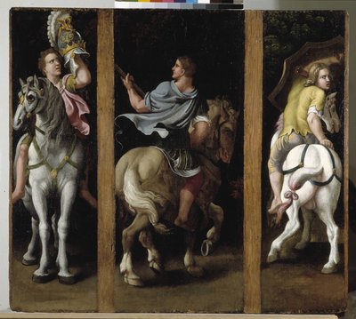 Tres soldados romanos montando a caballo de Giulio Romano