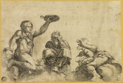 El Tiempo sentado en las nubes, flanqueado por otros dos ángeles de Giulio Romano