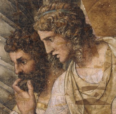 Dos hombres, busto, mirando hacia abajo: un dibujo para un tapiz de Giulio Romano