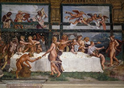 Banquete de bodas o Banquete de dioses, fresco de Giulio Romano (1499-1546), pared oeste de la Cámara de Cupido y Psique, Palazzo Te, Mantua (Lista del Patrimonio Mundial de la UNESCO, 2008), Lombardía, Italia de Giulio Romano