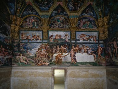 Banquete de bodas o Banquete de dioses, fresco de Giulio Romano (1499-1546), pared oeste de la Cámara de Cupido y Psique, Palazzo Te, Mantua (Lista del Patrimonio Mundial de la UNESCO, 2008), Lombardía, Italia de Giulio Romano