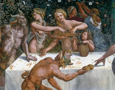 Banquete de bodas o Banquete de los dioses, fresco de Giulio Romano (1499-1546), pared oeste de la Cámara de Cupido y Psique, Palazzo Te, Mantua (Lista del Patrimonio Mundial de la UNESCO, 2008), Lombardía, Italia de Giulio Romano