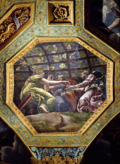 Mujeres recogiendo uvas, casetón del techo de la Sala de Amor y Psique, 1528 de Giulio Romano