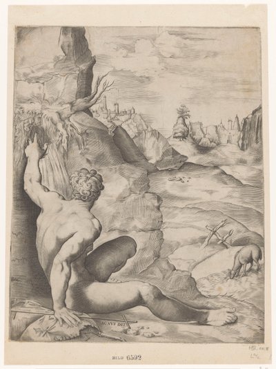 Juan el Bautista en el desierto Agnus dei (título sobre objeto) de Giulio Sanuto