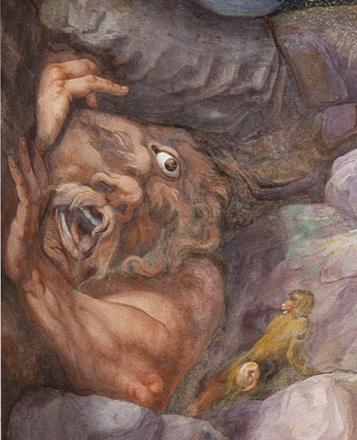 (detalle) del cíclope, de la destrucción de los gigantes por los rayos de Júpiter, Sala dei Giganti, 1536 de Giulio workshop of Romano