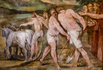 Rómulo ara la línea de demarcación de la futura ciudad de Roma (detalle) de Giuseppe Cesari