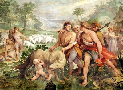 Rómulo amamantado por la loba, de la Sala dei Horatii e Curacii (fresco) de Giuseppe Cesari