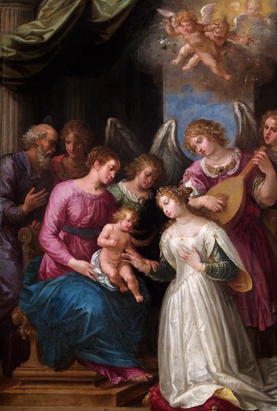 El matrimonio místico de Santa Catalina (óleo sobre panel de nogal) de Giuseppe (1568 1640) Cesari